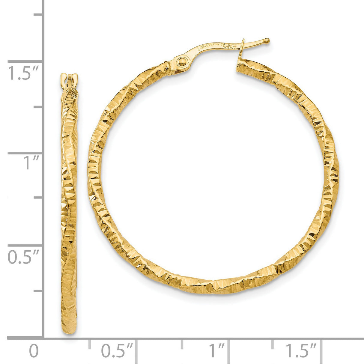 14k Yellow Gold Hoop Earrings, Twisted Diamond Cut, Textured Lightweight Sparkle Finish
