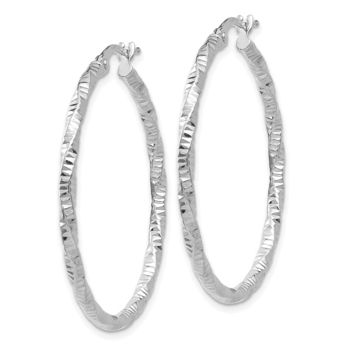 14k White Gold Hoop Earrings with Twisted Diamond Cut Design, Lightweight and Textured Finish