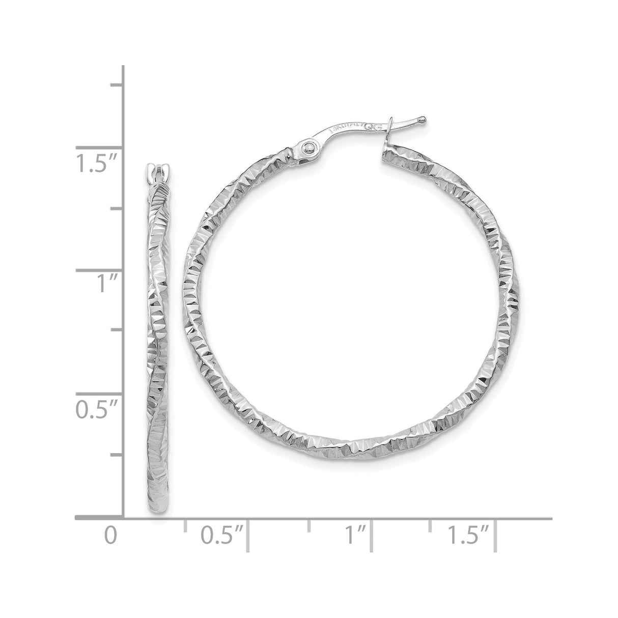 14k White Gold Hoop Earrings with Twisted Diamond Cut Design, Lightweight and Textured Finish