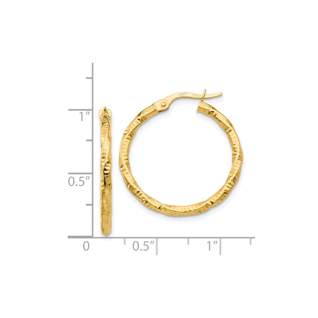 14k Yellow Gold Hoop Earrings, Textured Hammered Finish, Lightweight Classic Round Style