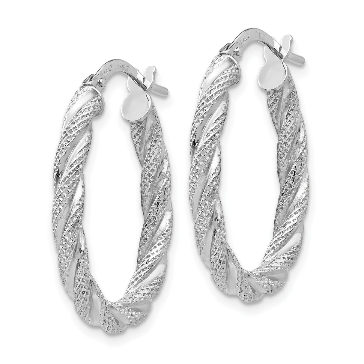 14k White Gold Twisted Hoop Earrings, Diamond Cut Oval with Textured Finish, Medium Size
