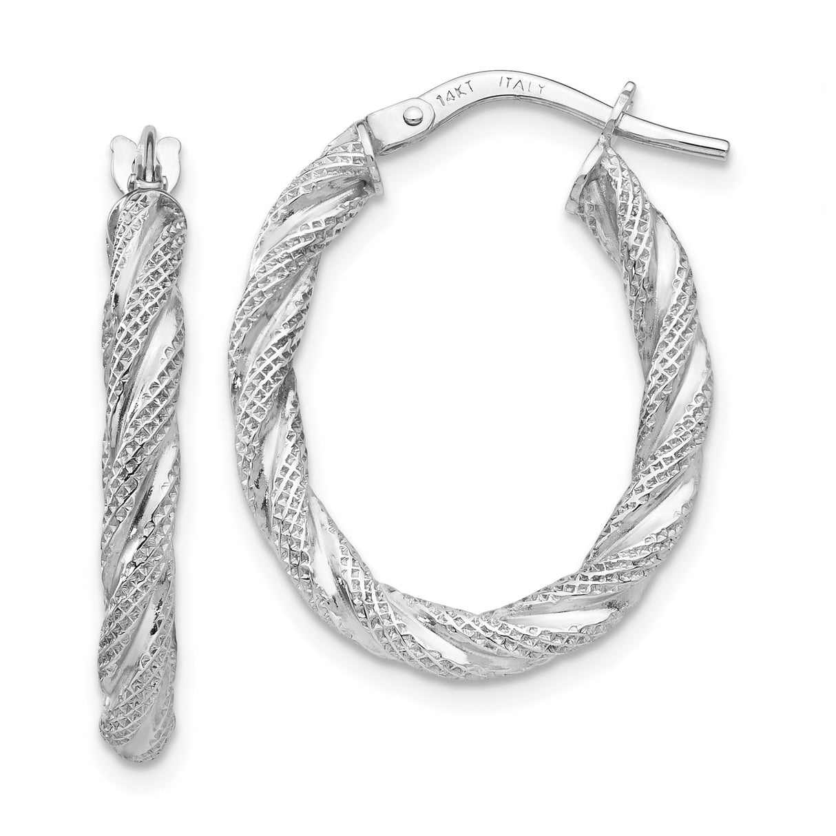 14k White Gold Twisted Hoop Earrings, Diamond Cut Oval with Textured Finish, Medium Size
