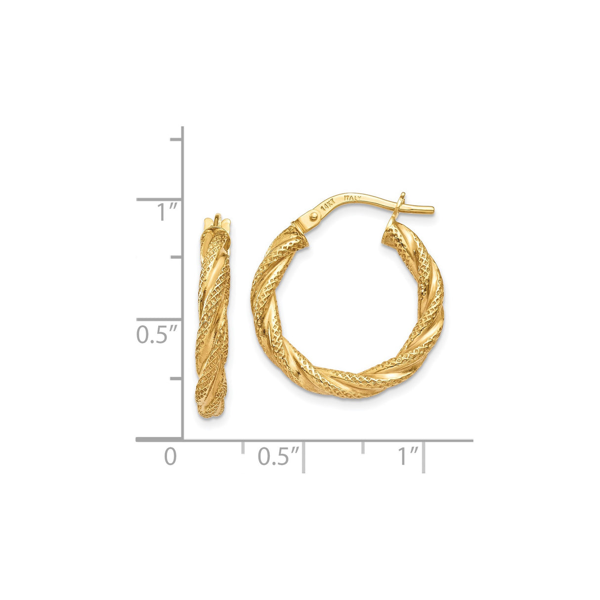 14k Yellow Gold Hoop Earrings, Twisted Diamond Cut Design, Lightweight Italian Style