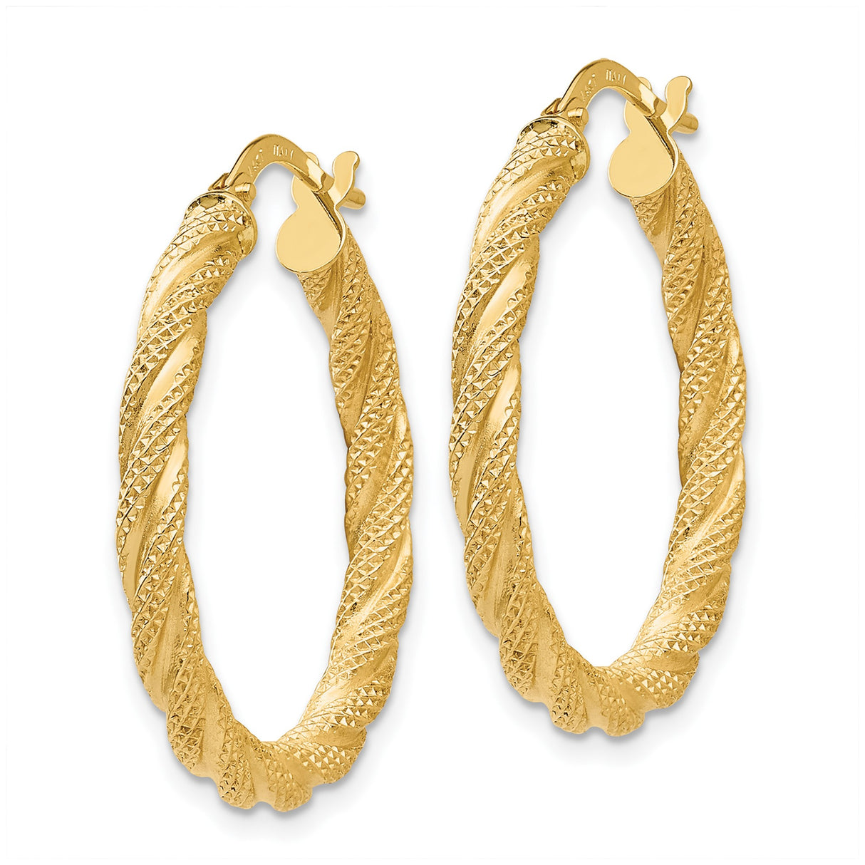 14k Yellow Gold Twisted Hoop Earrings, Textured Diamond Cut Design, Lightweight Modern Style for Women
