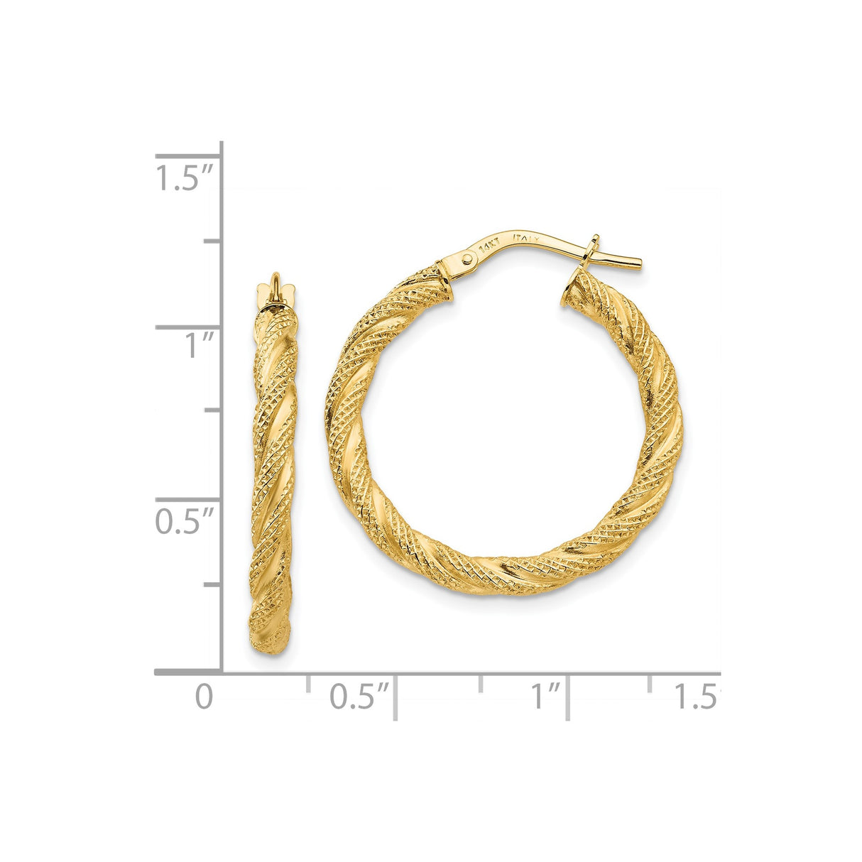 14k Yellow Gold Twisted Hoop Earrings, Textured Diamond Cut Design, Lightweight Modern Style for Women