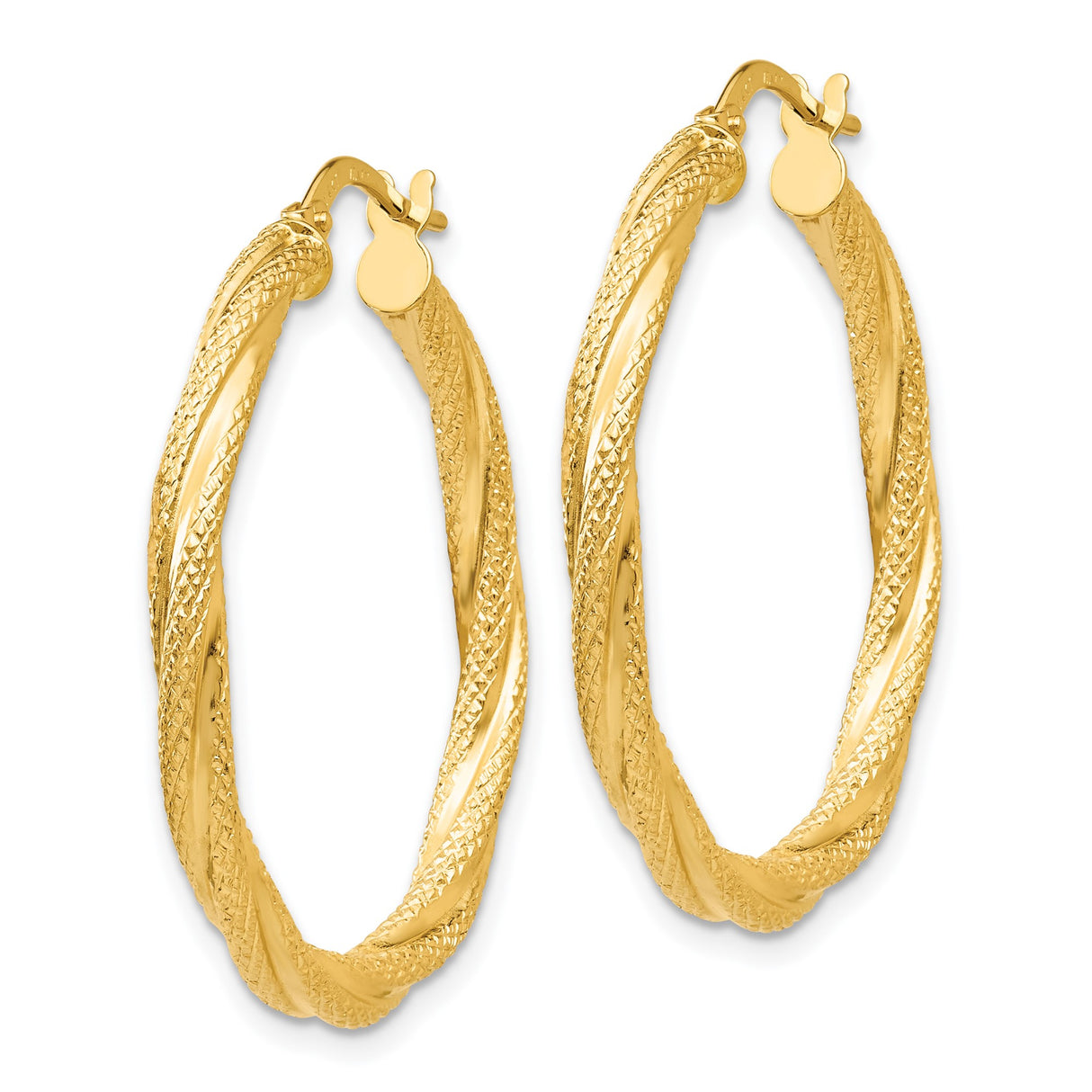 14k Yellow Gold Twisted Hoop Earrings, Textured and Polished Finish, Large Italian Style Hoops