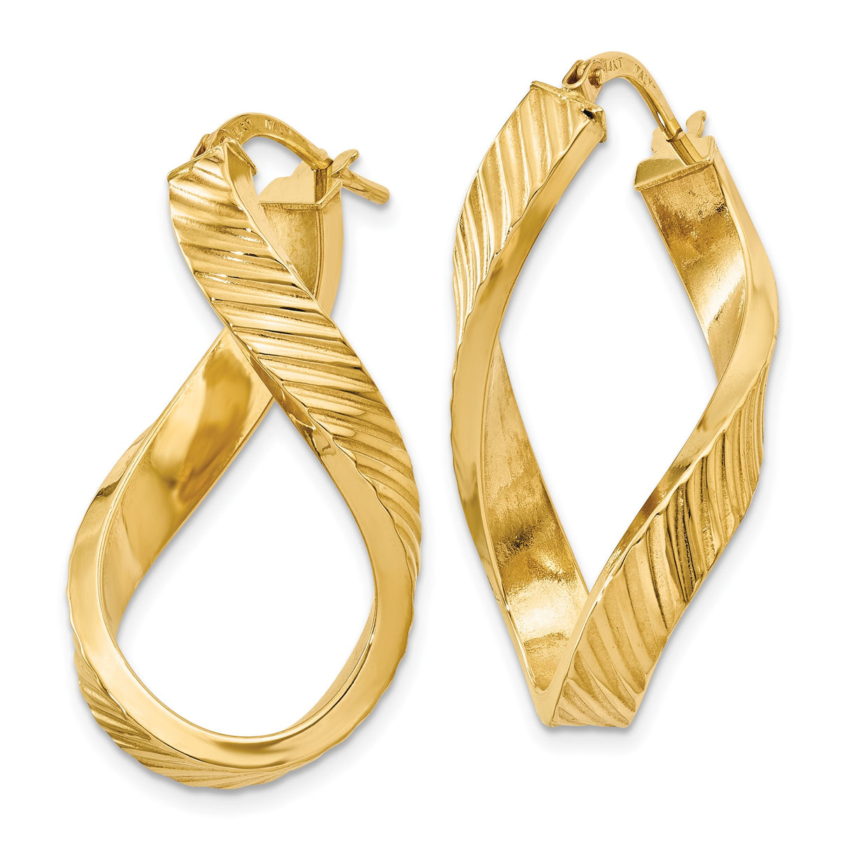 14k Yellow Gold Twisted Hoop Earrings with Textured Diagonal Stripe Design, Teardrop Oval Shape