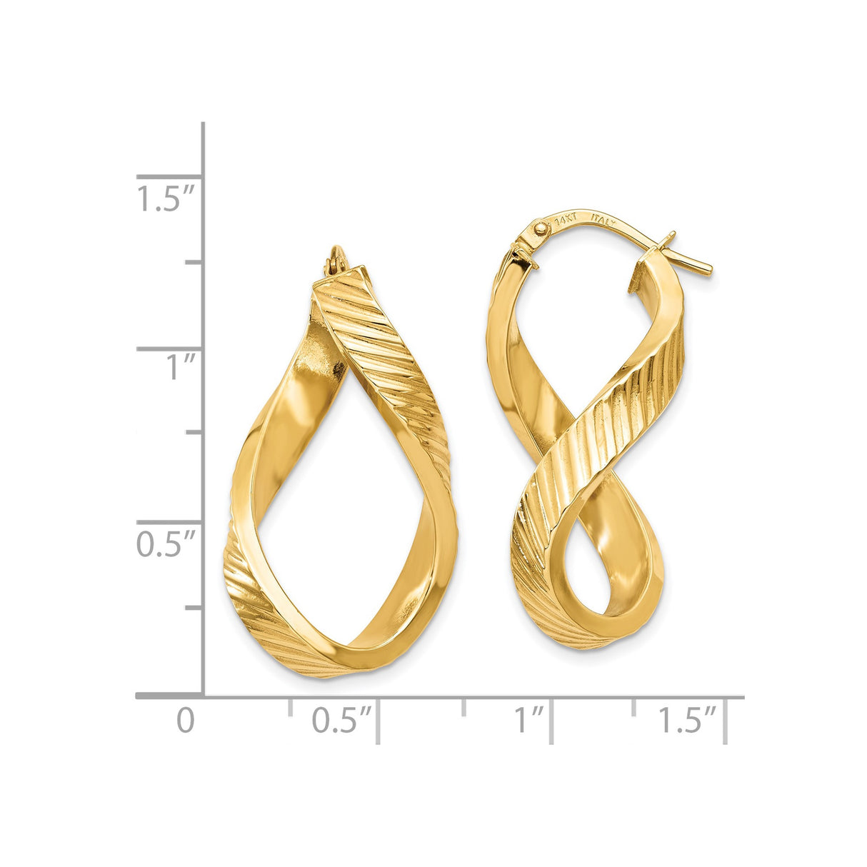 14k Yellow Gold Twisted Hoop Earrings with Textured Diagonal Stripe Design, Teardrop Oval Shape