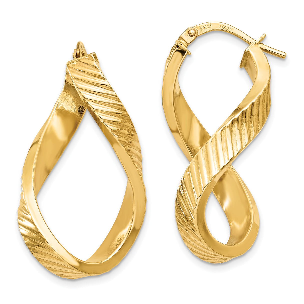 14k Yellow Gold Twisted Hoop Earrings with Textured Diagonal Stripe Design, Teardrop Oval Shape