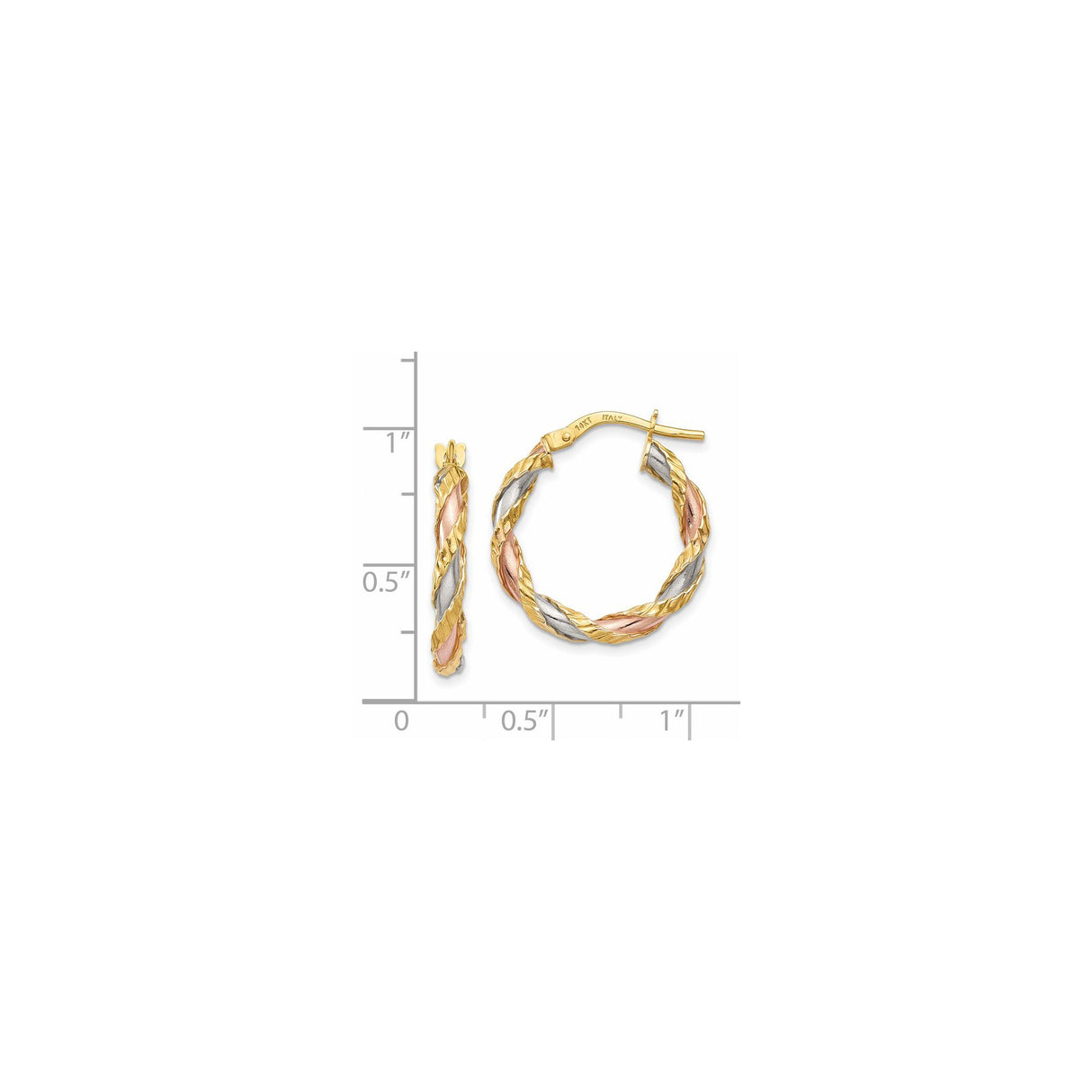 14k Tricolor Gold Hoop Earrings, Italian Made Braided Twisted Design for Women