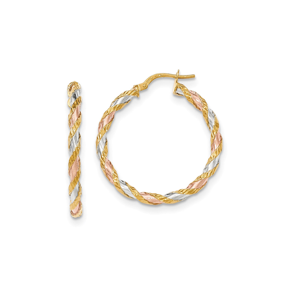 14k Tri-Tone Gold Twisted Hoop Earrings with Textured Rope Design for Women
