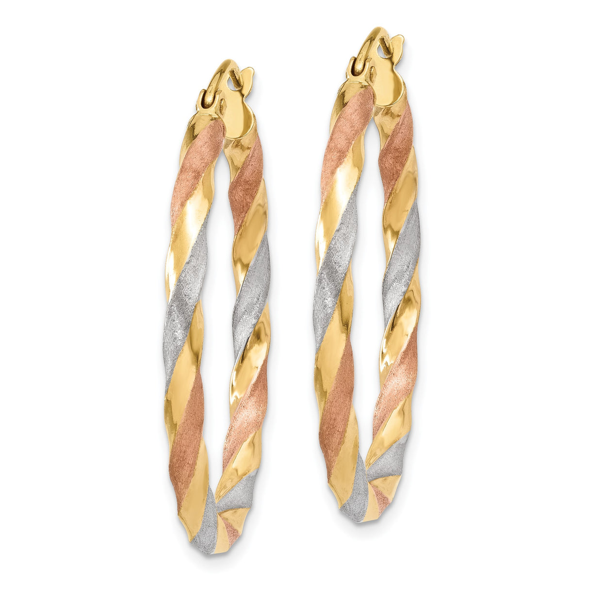 14k Tri-Color Gold Twisted Hoop Earrings with Yellow, Rose, and Rhodium Finish for Women