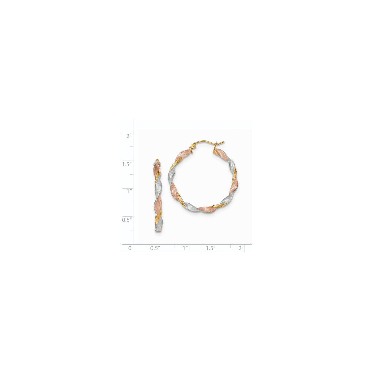 14k Tricolor Gold Hoop Earrings, Twisted Braided Design, Lightweight for Women