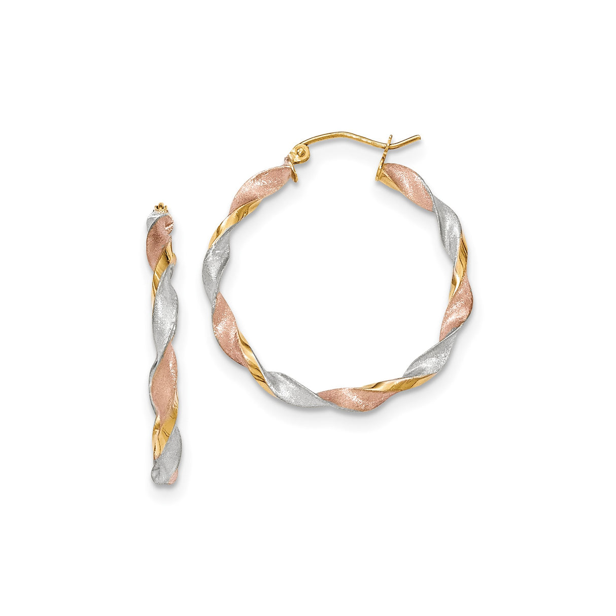 14k Tricolor Gold Hoop Earrings, Twisted Braided Design, Lightweight for Women