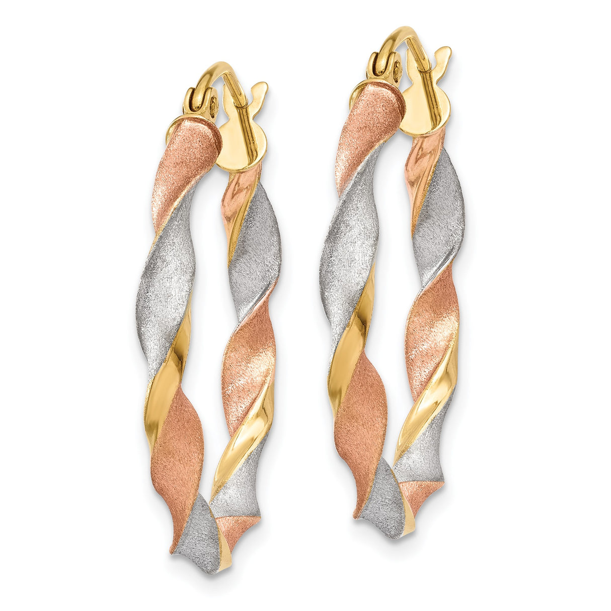 14k Tri-Color Gold Hoop Earrings with Twisted Yellow, Rose, and Rhodium Finish, Satin Texture