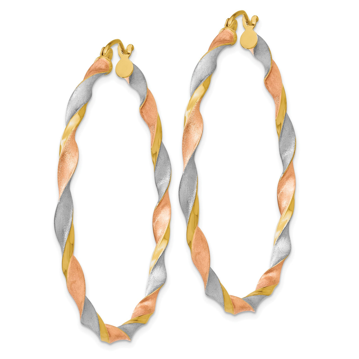 14k Tri-Color Gold Twisted Hoop Earrings, Polished and Textured Finish for Women