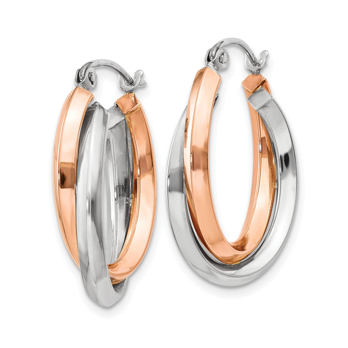 14k Two Tone Gold Hoop Earrings with Interlocking Rose and White Oval Bands