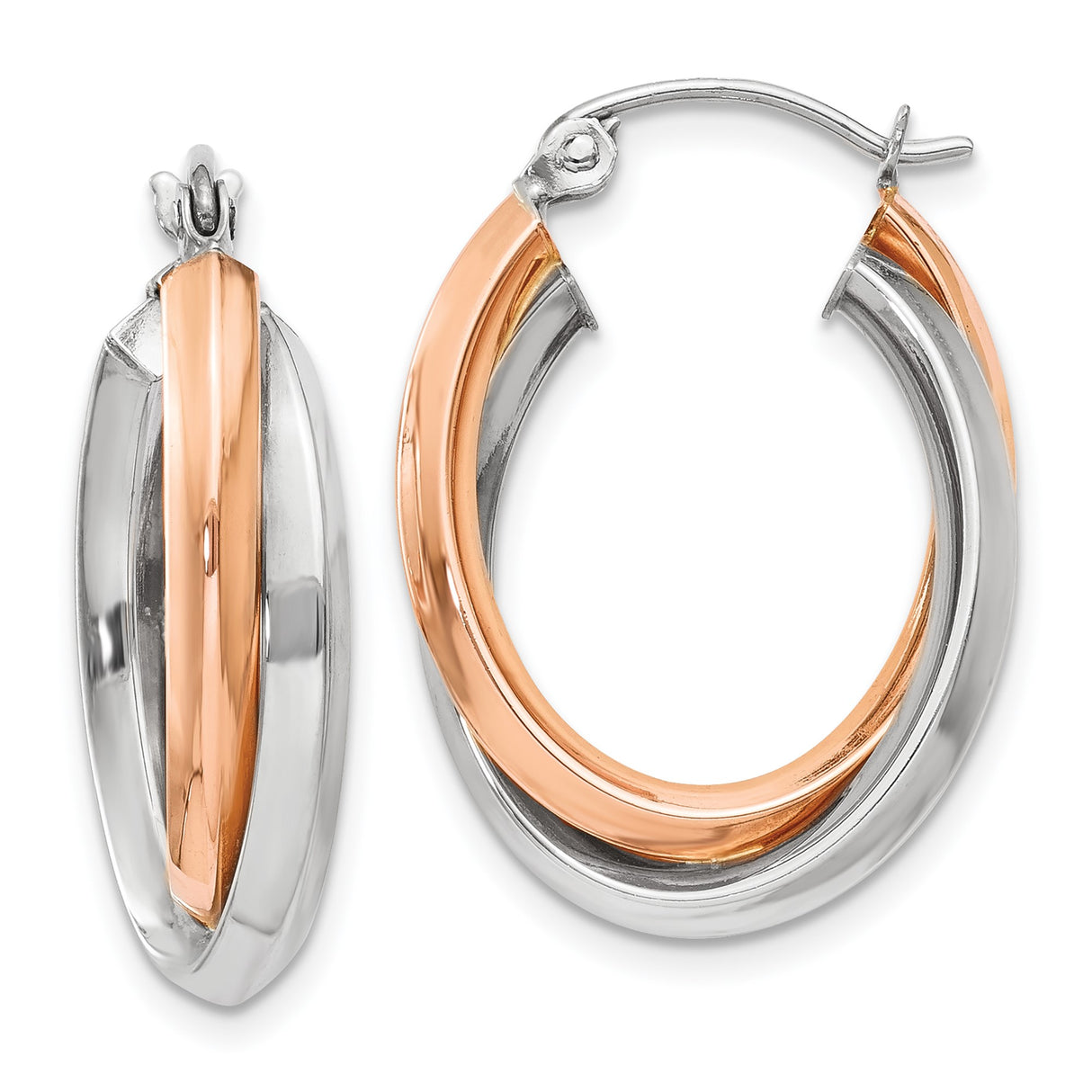 14k Two Tone Gold Hoop Earrings with Interlocking Rose and White Oval Bands