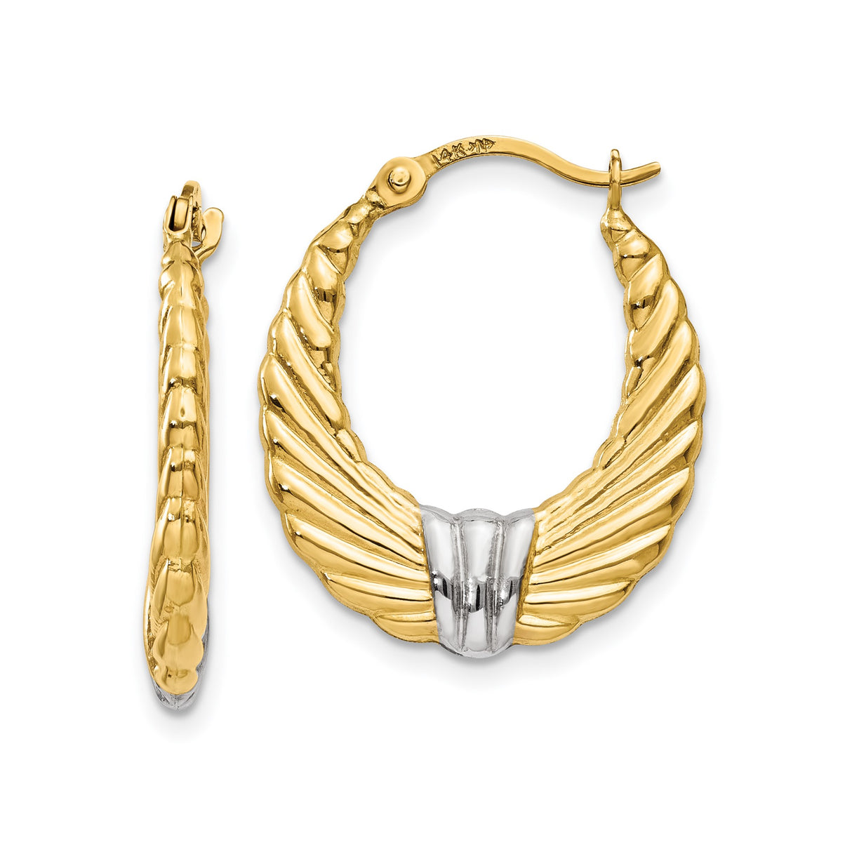 14k Yellow Gold Hoop Earrings, Wing and Feather Motif, Two-Tone Angelic Design for Women