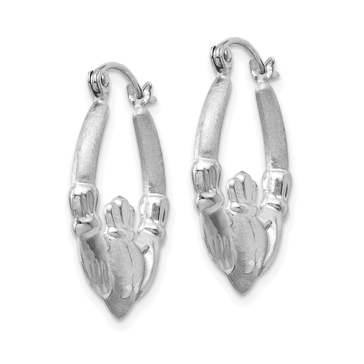 14k White Gold Claddagh Hoop Earrings with Crowned Heart and Starburst Design