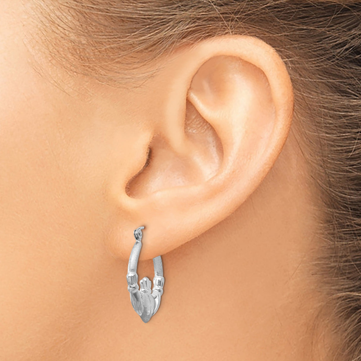 14k White Gold Claddagh Hoop Earrings with Crowned Heart and Starburst Design