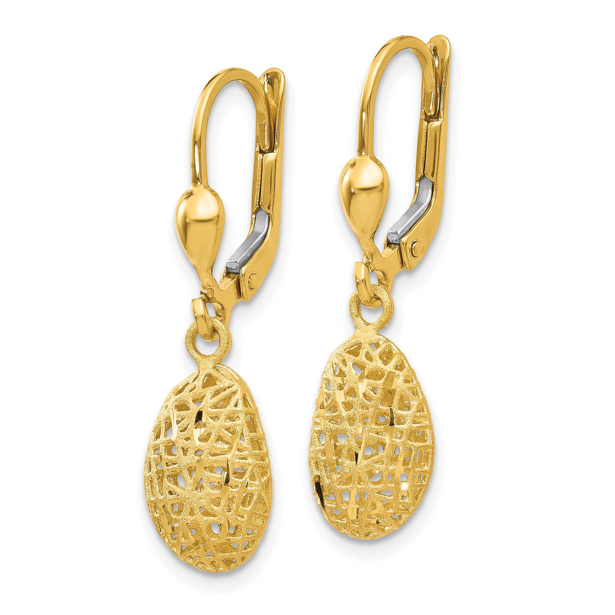 14k Yellow Gold Drop Earrings with Textured Filigree Oval Design and Leverback Closures