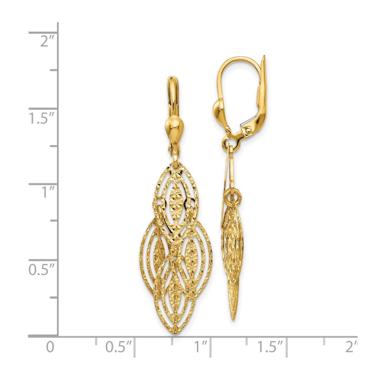 14k Yellow Gold Dangle Leverback Earrings with Marquise Filigree and Diamond-Cut Detailing