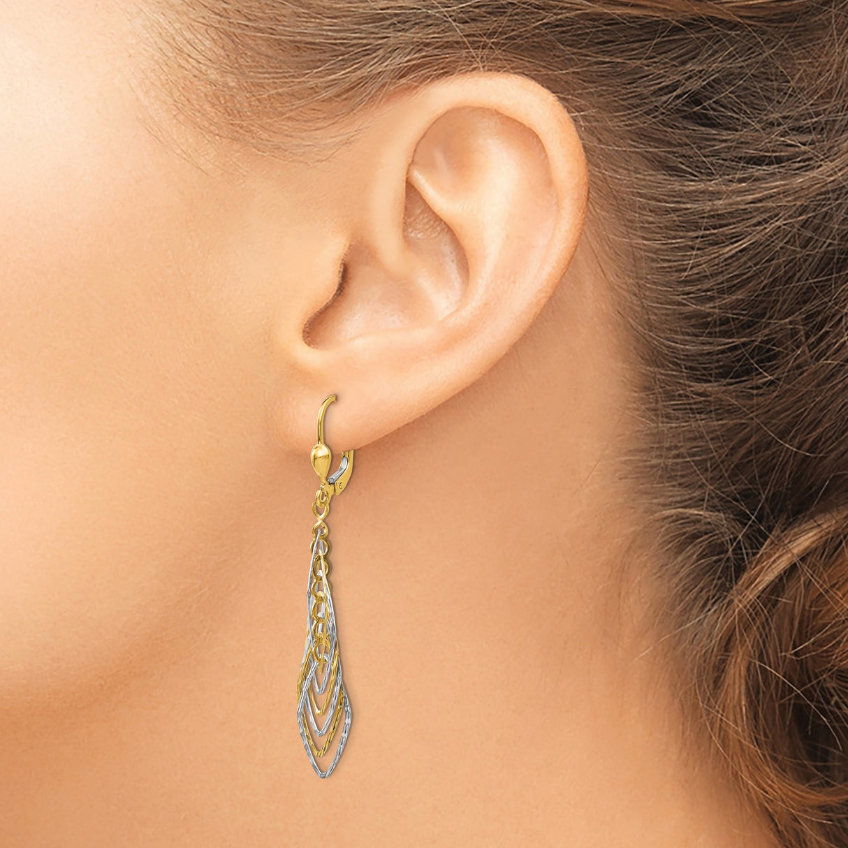 14k Yellow Gold Dangle Earrings, Two-Tone Layered Marquise Drops with Textured Finish Leverbacks