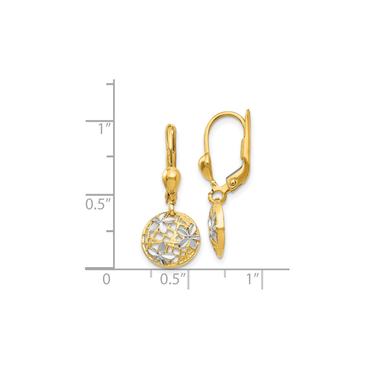 14k Yellow Gold Dangle Earrings with Round Floral Filigree and Diamond-Cut Accents