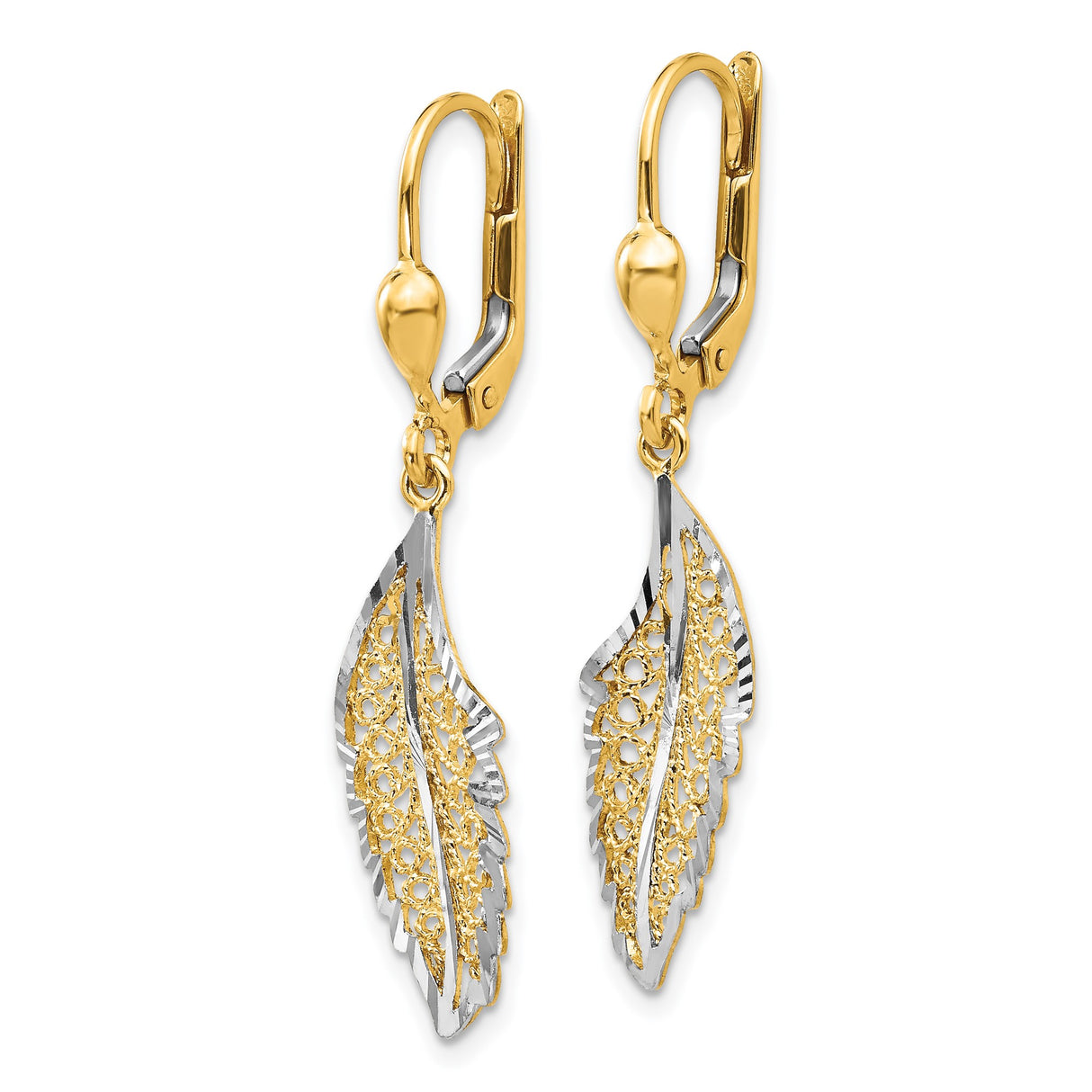 14k Yellow Gold Dangle Earrings with Filigree Leaf Design, Two-Tone Drop, Leverback Closure
