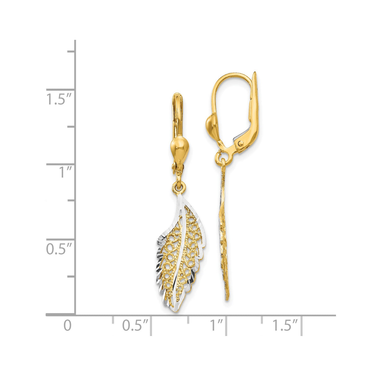 14k Yellow Gold Dangle Earrings with Filigree Leaf Design, Two-Tone Drop, Leverback Closure