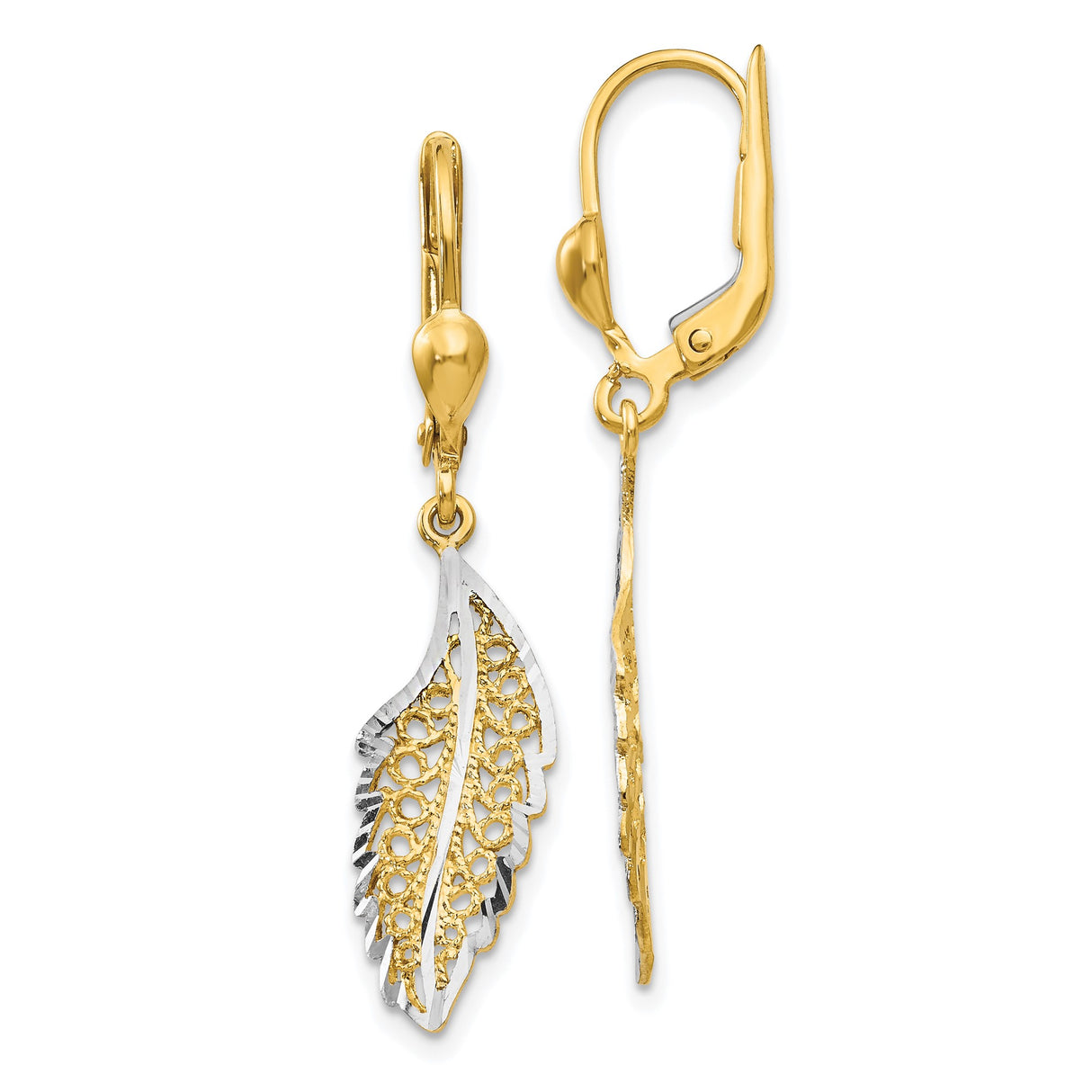14k Yellow Gold Dangle Earrings with Filigree Leaf Design, Two-Tone Drop, Leverback Closure