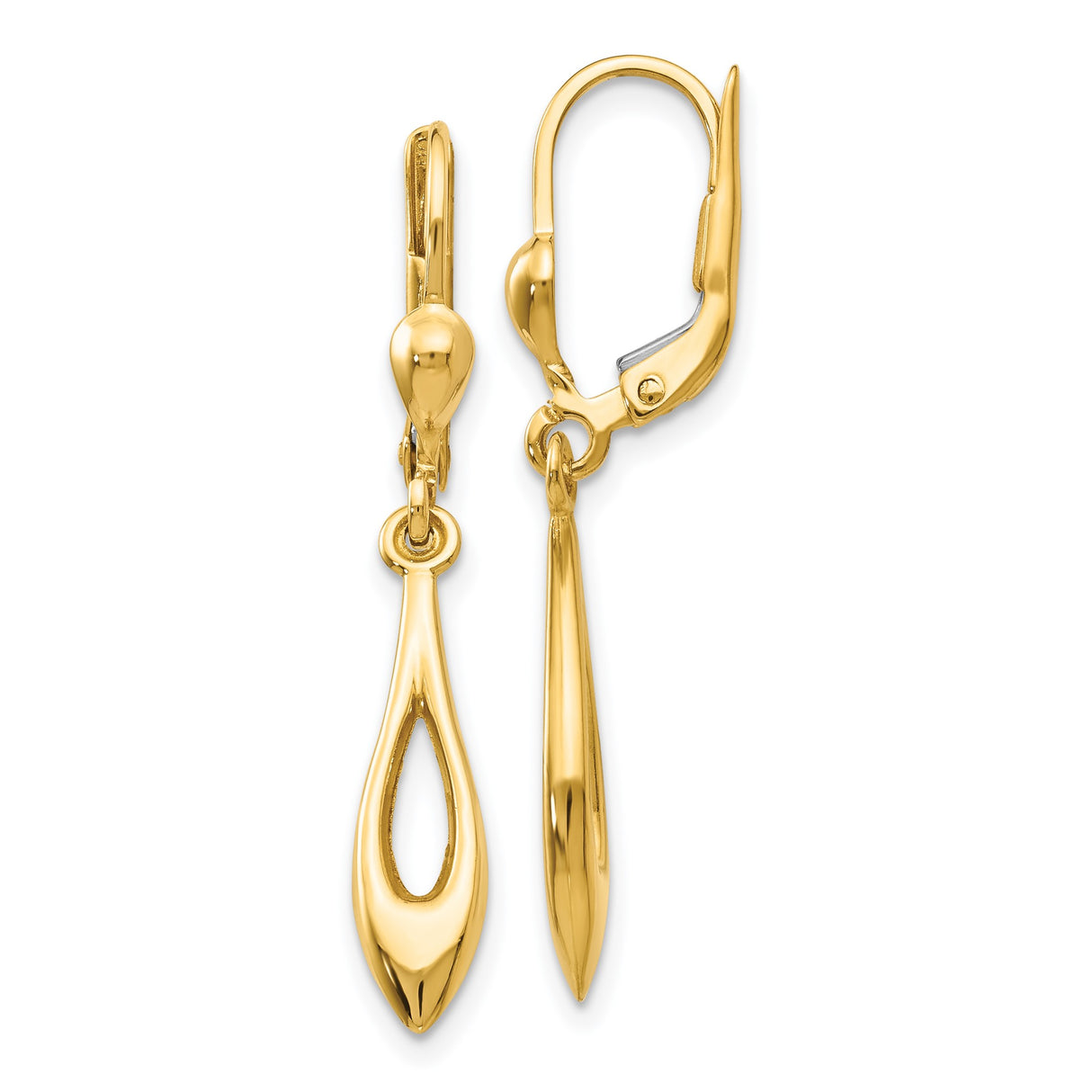 14k Yellow Gold Dangle Drop Earrings with Elongated Teardrop and Open Center Design