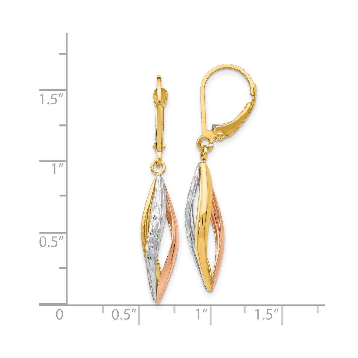 14k Tri Color Gold Leverback Drop Earrings with Twisted Marquise Design, Textured Finish