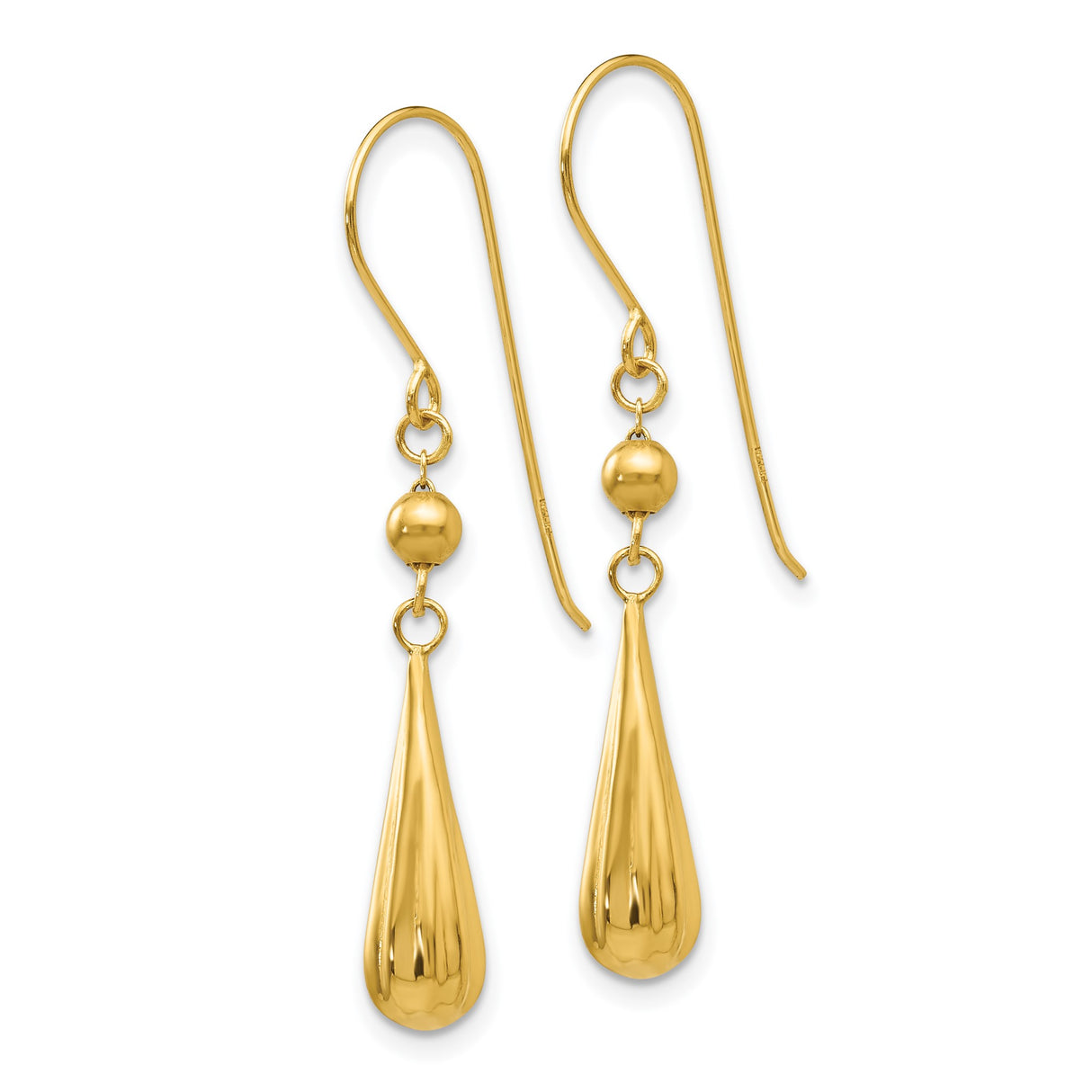 14k Yellow Gold Drop Earrings with Teardrop Dangles and Bead Accents, Minimalist Design for Women