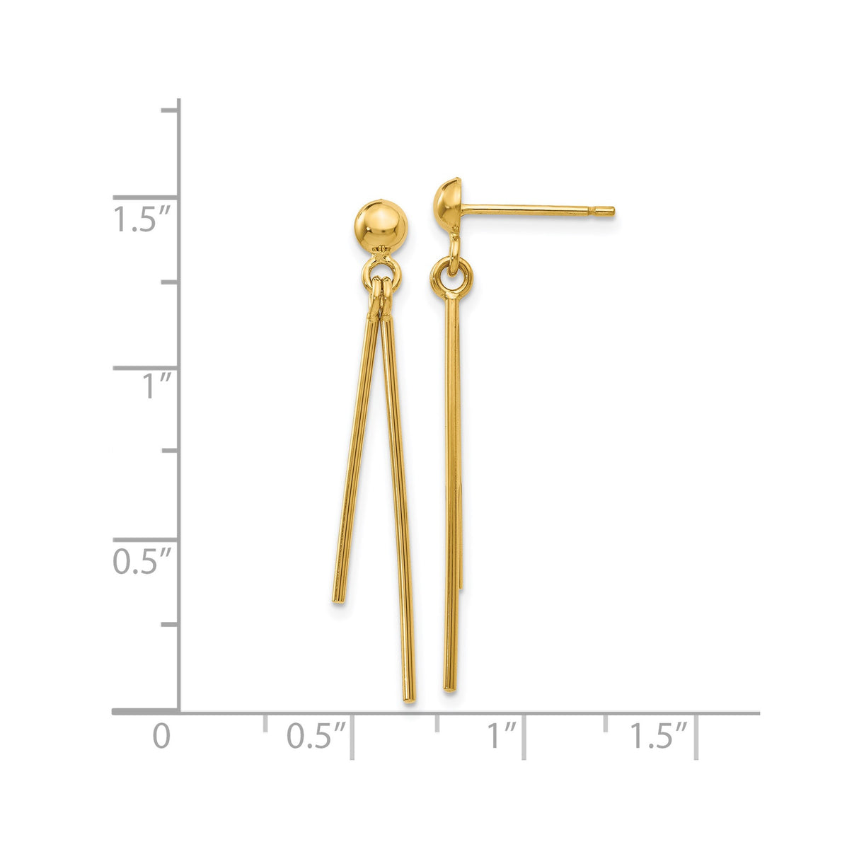 14k Yellow Gold Drop Earrings with Three Slender Dangling Bars, Minimalist Linear Design