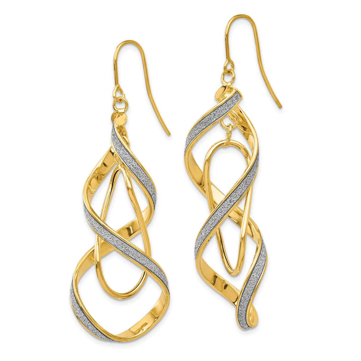 14k Yellow Gold Dangle Earrings with Twisted Ribbon Design and White Gold Accents