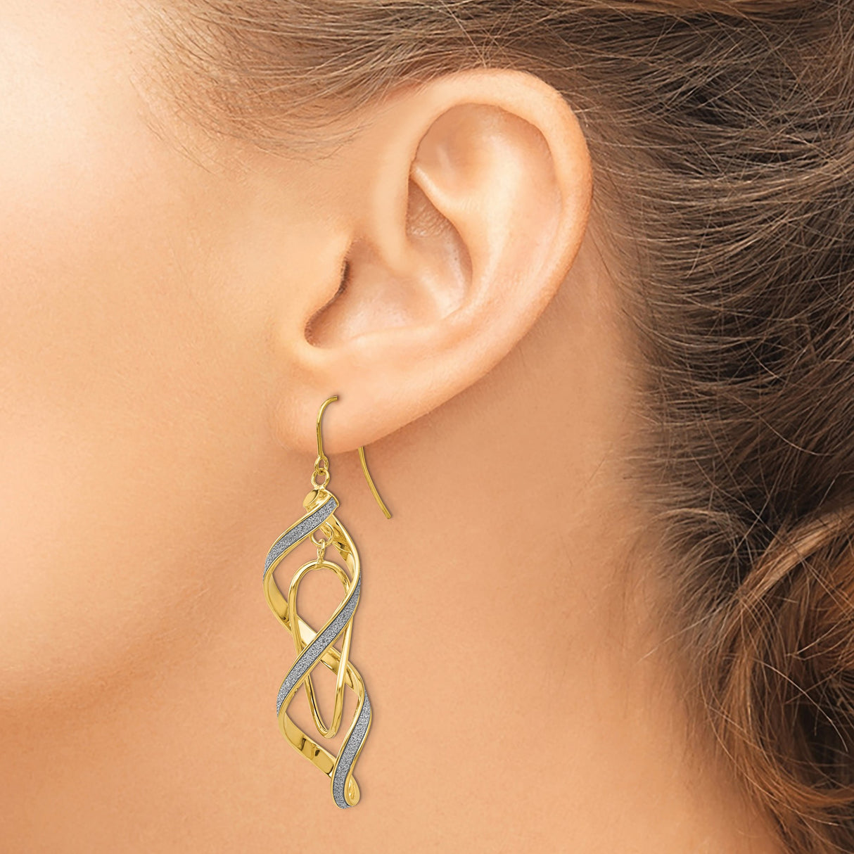 14k Yellow Gold Dangle Earrings with Twisted Ribbon Design and White Gold Accents