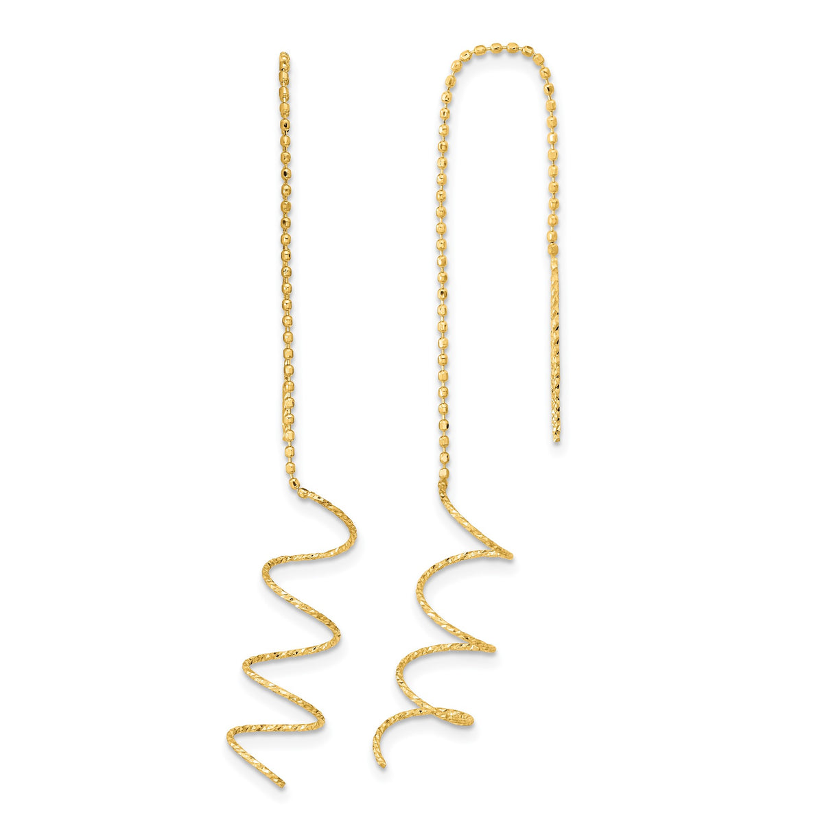 14k Yellow Gold Threader Earrings with Spiral Twisted Drop and Beaded Chain Design