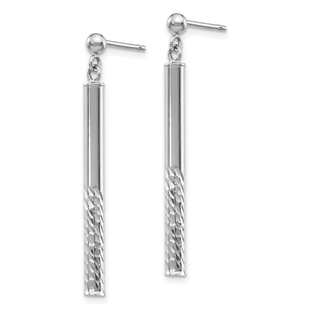 14k White Gold Dangle Bar Earrings, Diamond Cut Textured Linear Drop Style