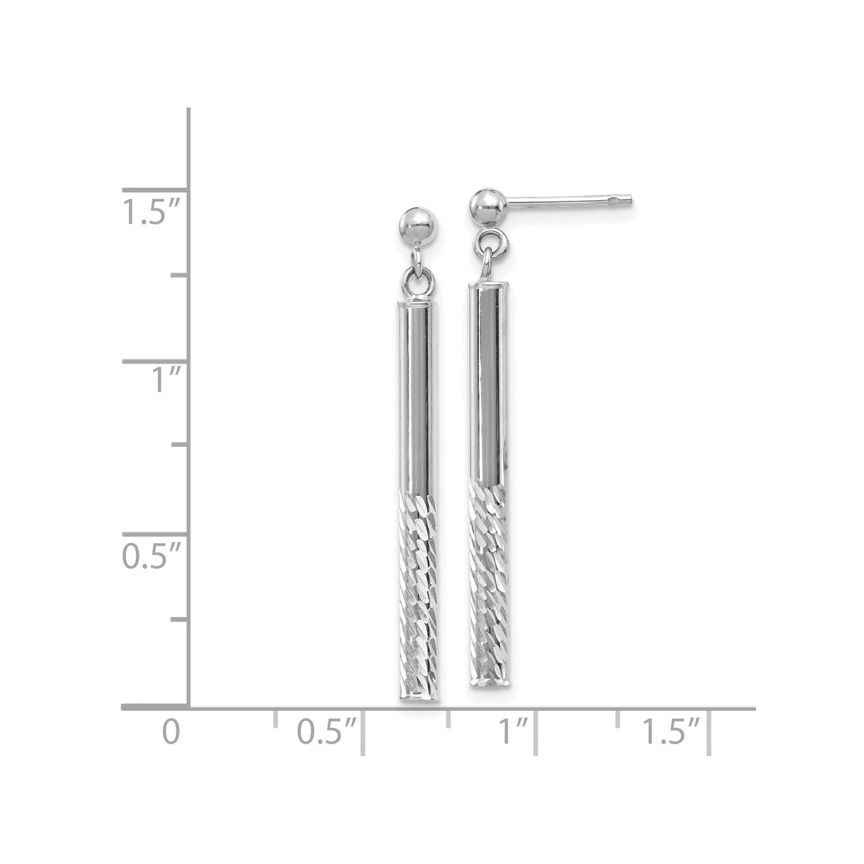 14k White Gold Dangle Bar Earrings, Diamond Cut Textured Linear Drop Style