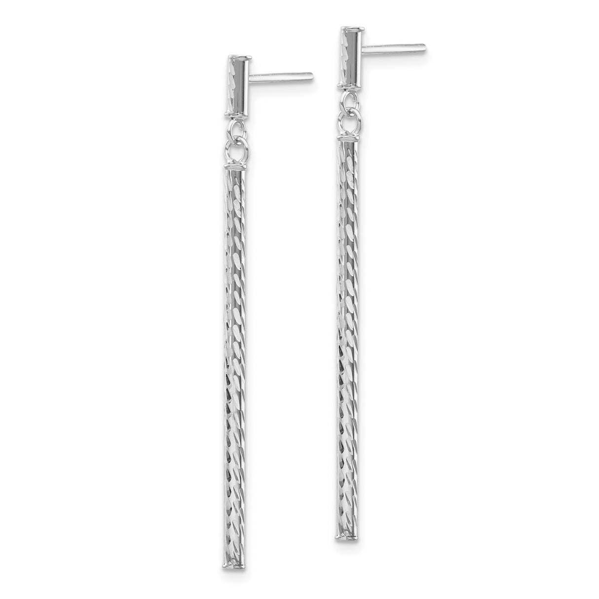 14k White Gold Dangle Drop Earrings with Elongated Textured Bars, Sleek Modern Design