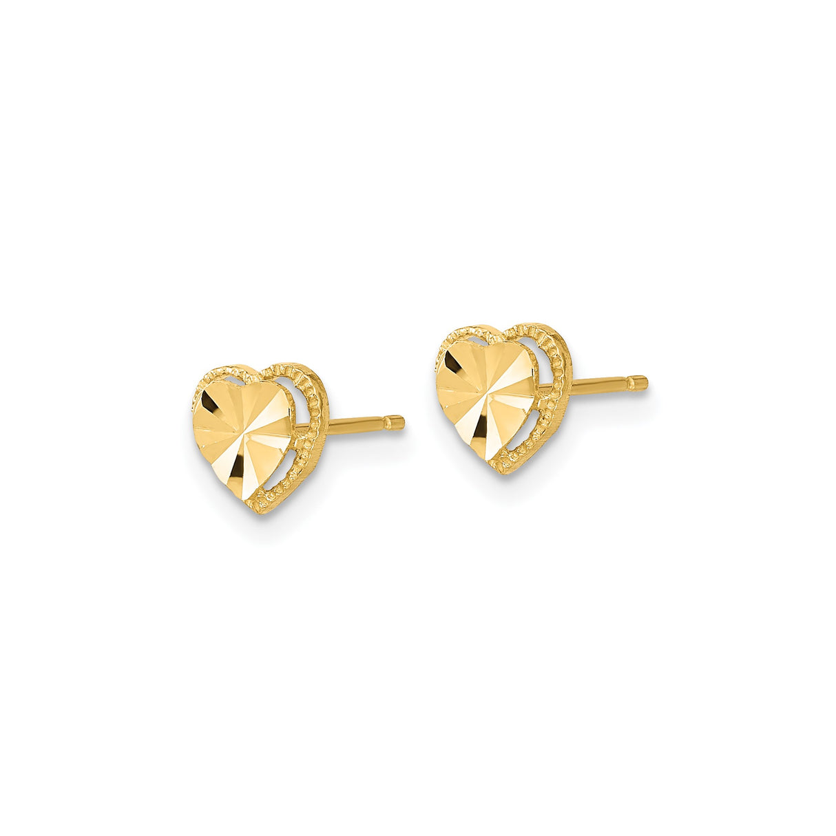 14k Yellow Gold Heart Shaped Stud Earrings with Faceted Design and Textured Edge
