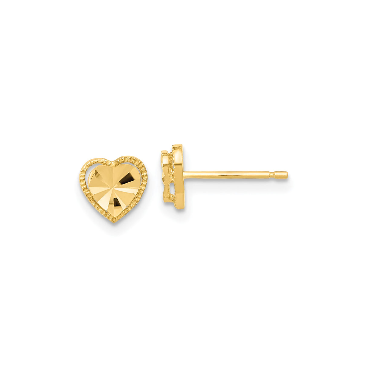 14k Yellow Gold Heart Shaped Stud Earrings with Faceted Design and Textured Edge