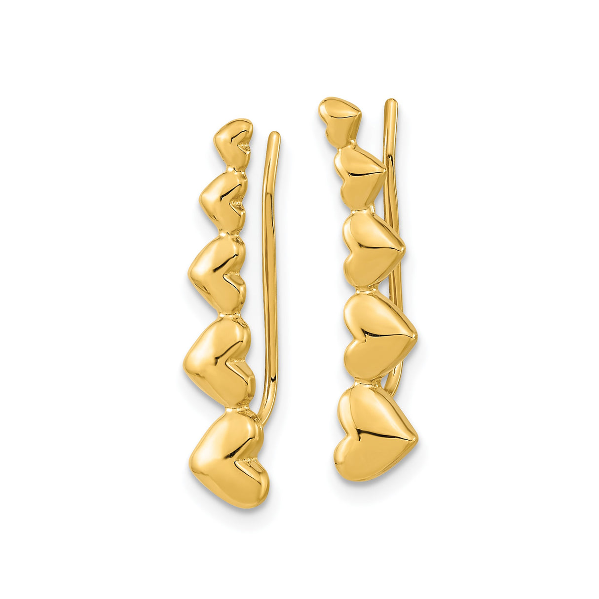 14k Yellow Gold Ear Climber Earrings with Cascading Heart Design, Polished Finish