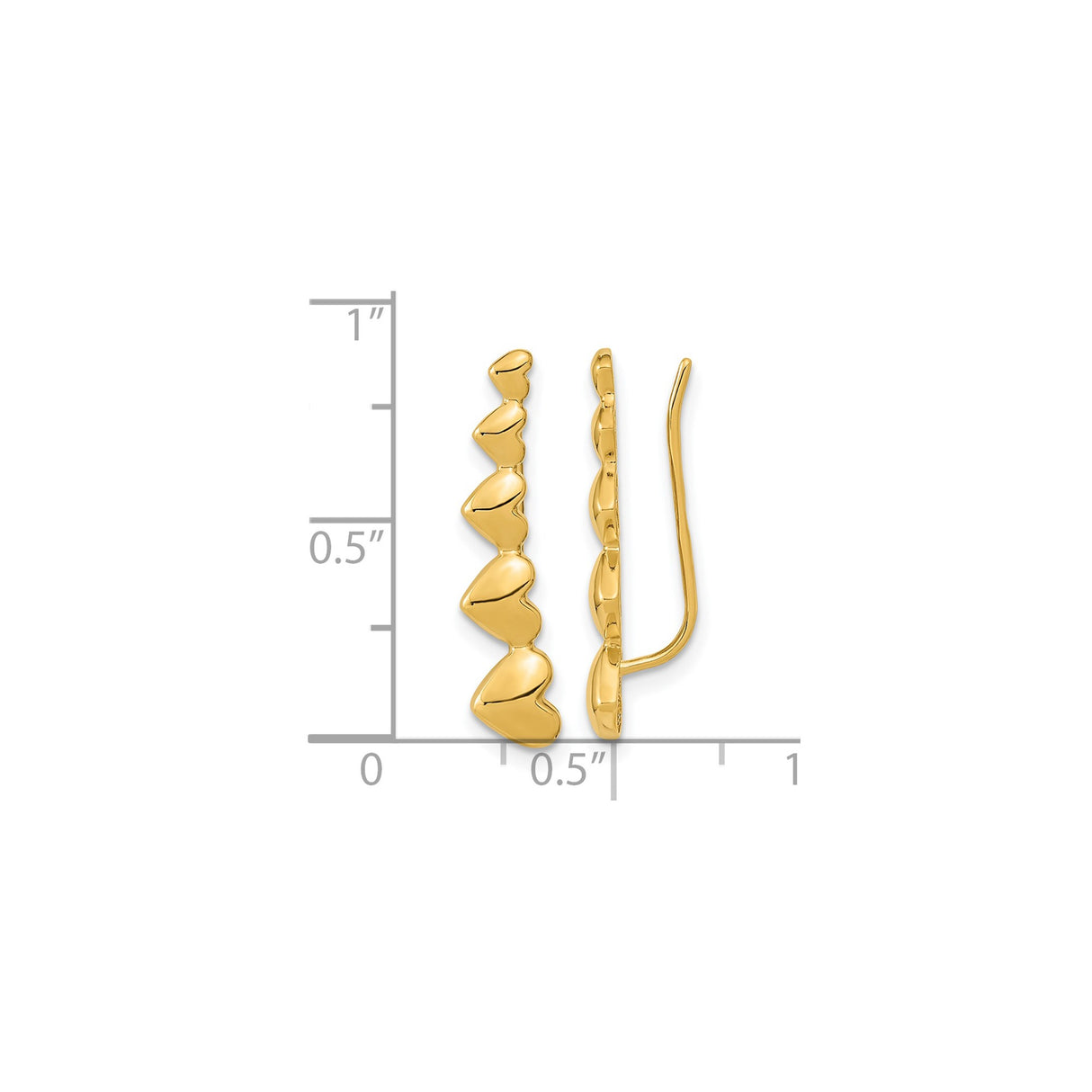 14k Yellow Gold Ear Climber Earrings with Cascading Heart Design, Polished Finish