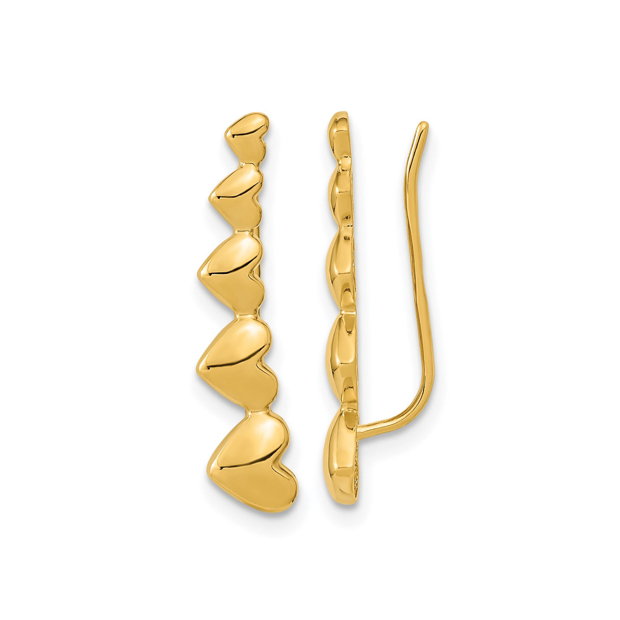 14k Yellow Gold Ear Climber Earrings with Cascading Heart Design, Polished Finish