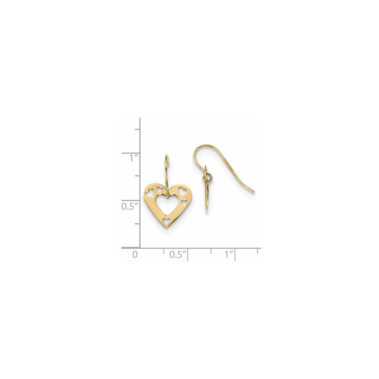 14k Yellow Gold Dangle Earrings with Open Cut-Out Hearts, Lightweight Romantic Design