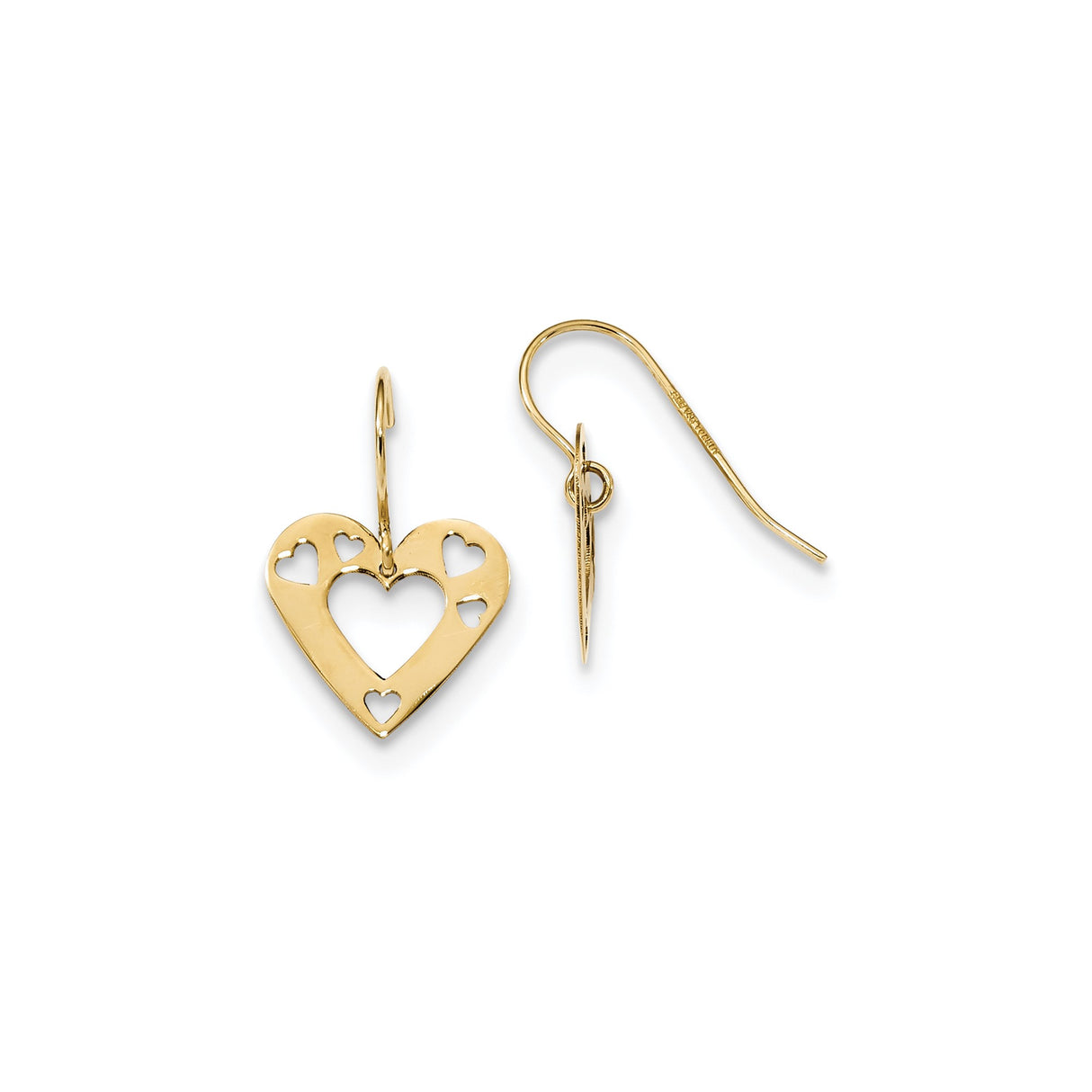 14k Yellow Gold Dangle Earrings with Open Cut-Out Hearts, Lightweight Romantic Design