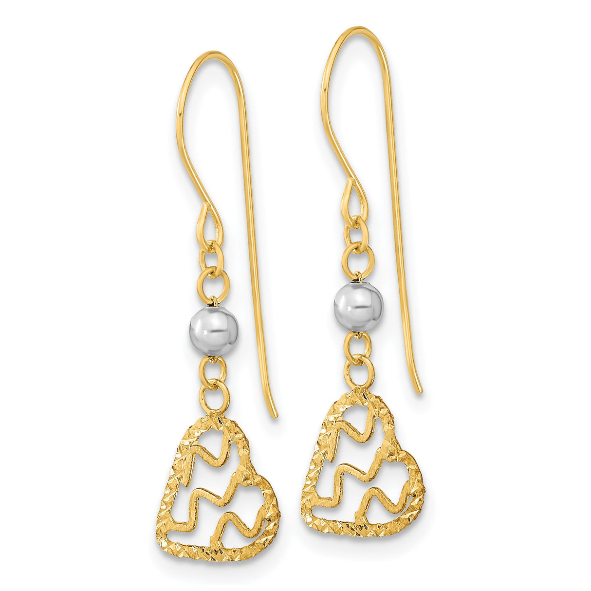 14k Two-Tone Gold Dangle Earrings with Textured Open Heart and White Gold Bead Design